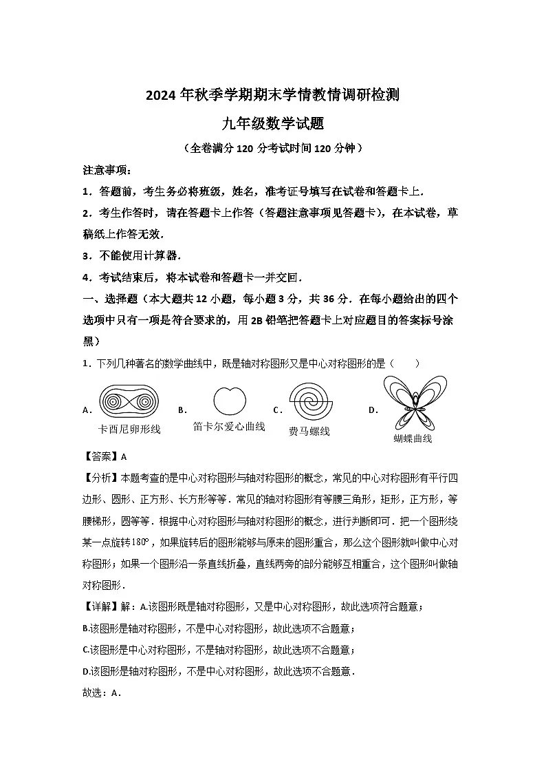 2024~2025学年广西河池市九年级上学期期末检测数学数学试卷(解析版)第1页