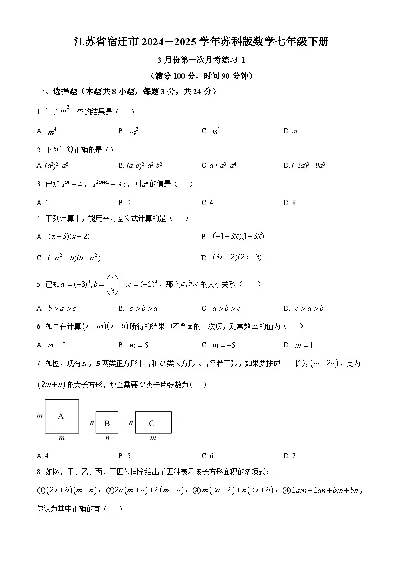 江苏省宿迁市2024-2025学年苏科版数学七年级下册3月份第一次月考练习 1(原卷版+解析版)第1页