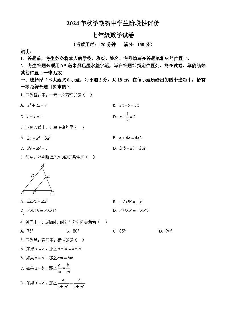 江苏省泰州市兴化市2024-2025学年七年级上学期期末数学试题(原卷版+解析版)第1页