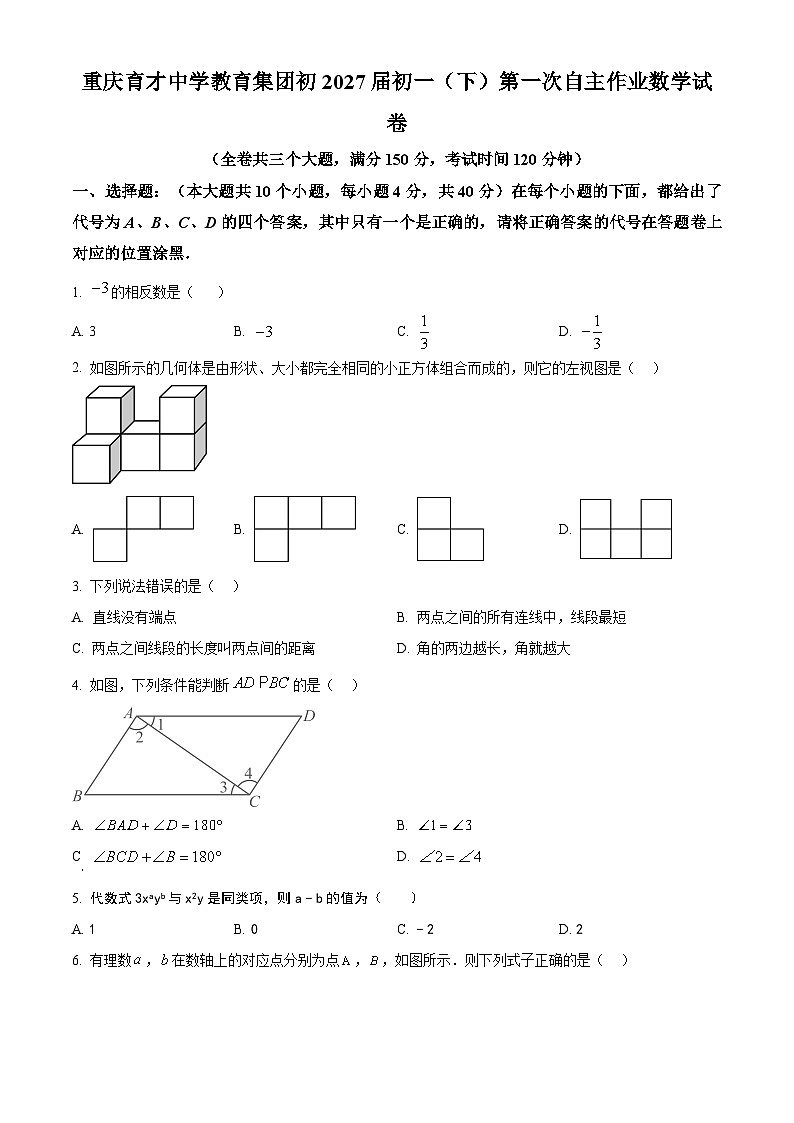 重庆市育才中学教育集团2024-2025学年七年级下学期第一次月考数学试题(原卷版+解析版)第1页