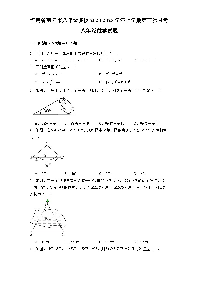 河南省南阳市八年级多校2024-2025学年上学期第三次月考八年级 数学试题(含解析)第1页