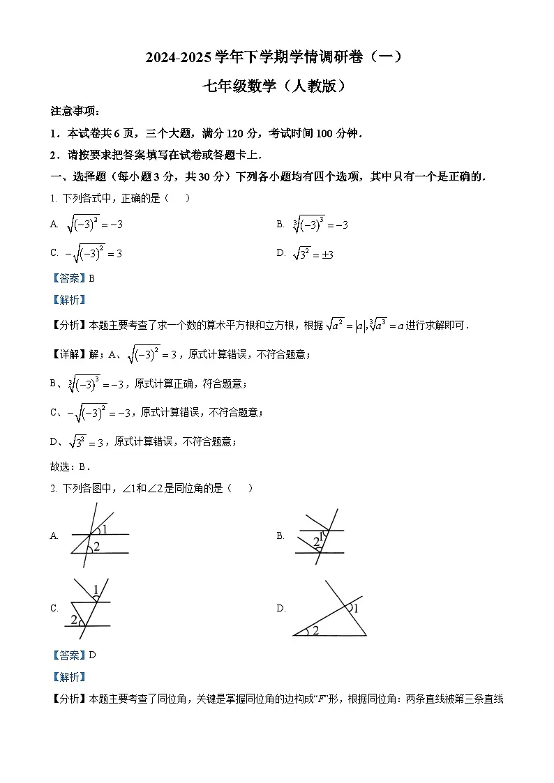 河南省驻马店市泌阳县部分中学联考2024-2025学年七年级下学期3月月考 数学试题(含解析)第1页