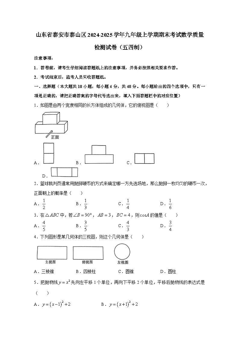 山东省泰安市泰山区2024-2025学年九年级上册期末考试数学质量检测试卷(五四制)(附答案)第1页