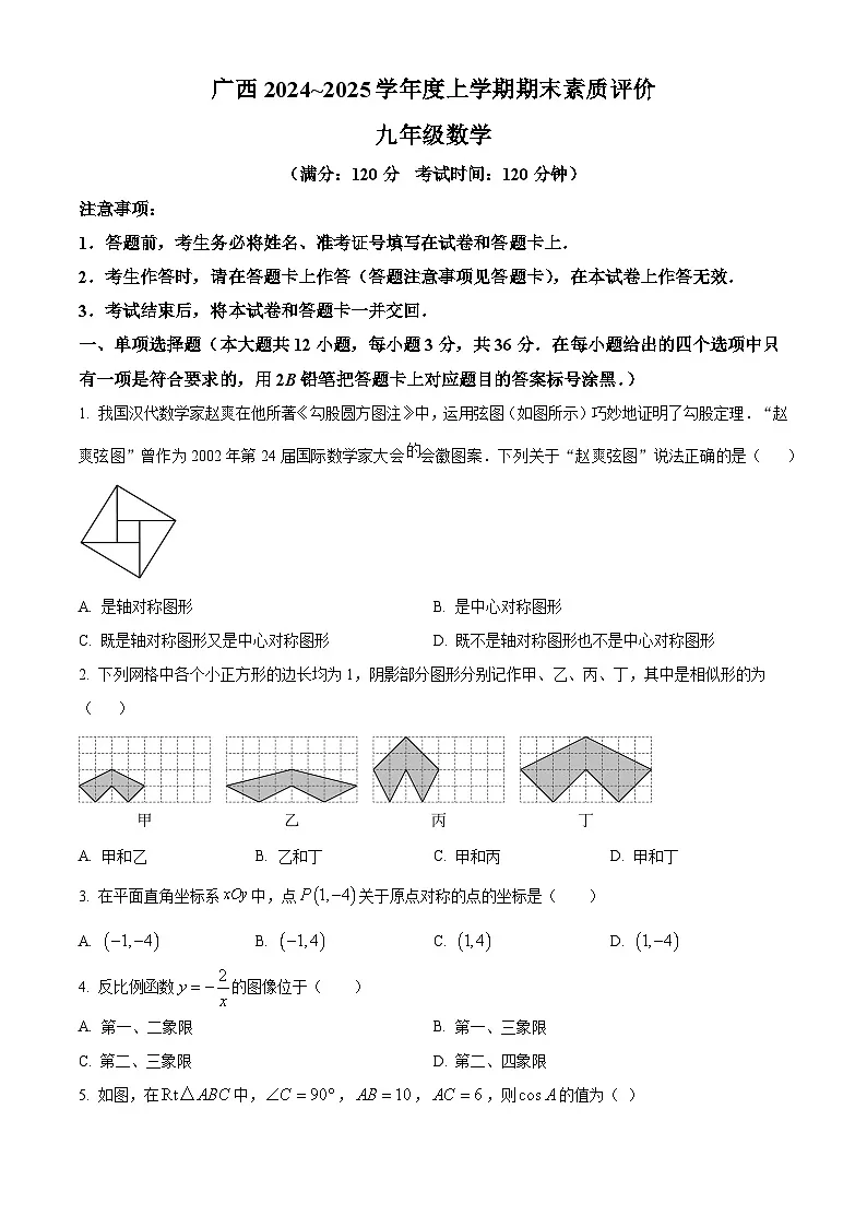 广西壮族自治区贺州市昭平县2024-2025学年九年级上学期1月期末考试数学试题(原卷版+解析版)第1页