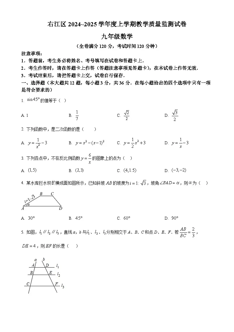 广西壮族自治区百色市右江区2024-2025学年上学期期末九年级数学试卷(原卷版+解析版)第1页