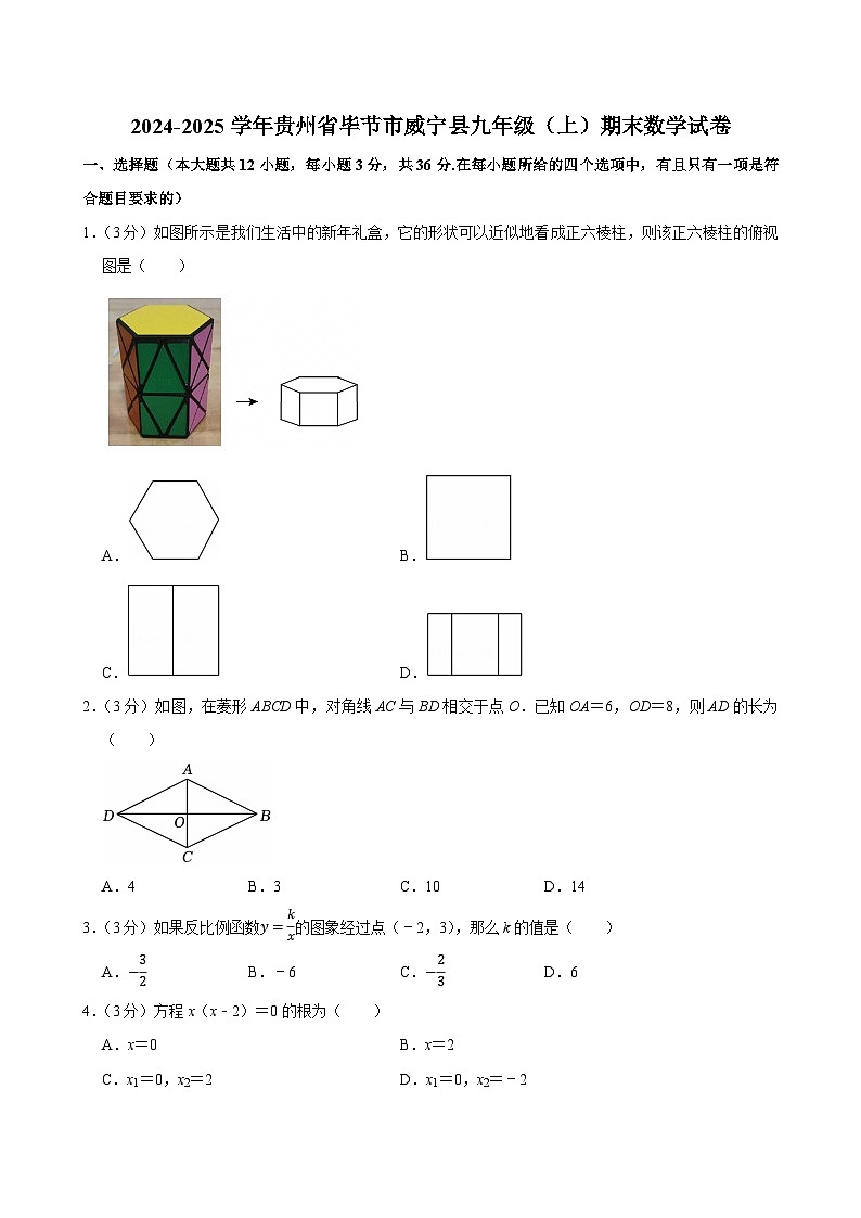 2024-2025学年贵州省毕节市威宁县九年级(上)期末数学试卷(含详解)第1页