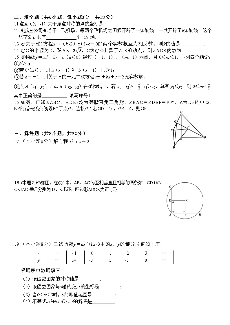 武汉光谷实验2024-2025学年上学期九年级数学周测11.13(word版)第2页