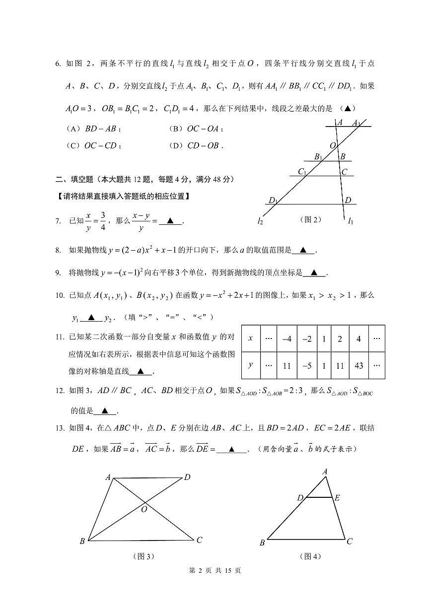 【2025年上海九年级数学一模】2025届上海市嘉定区九年级数学一模试卷与答案第2页