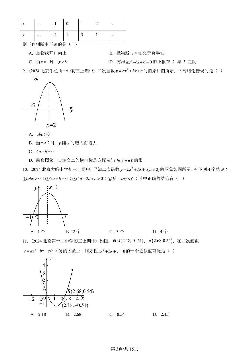 2024北京重点校初三(上)期中真题数学汇编:二次函数与一元二次方程(单选题)第3页