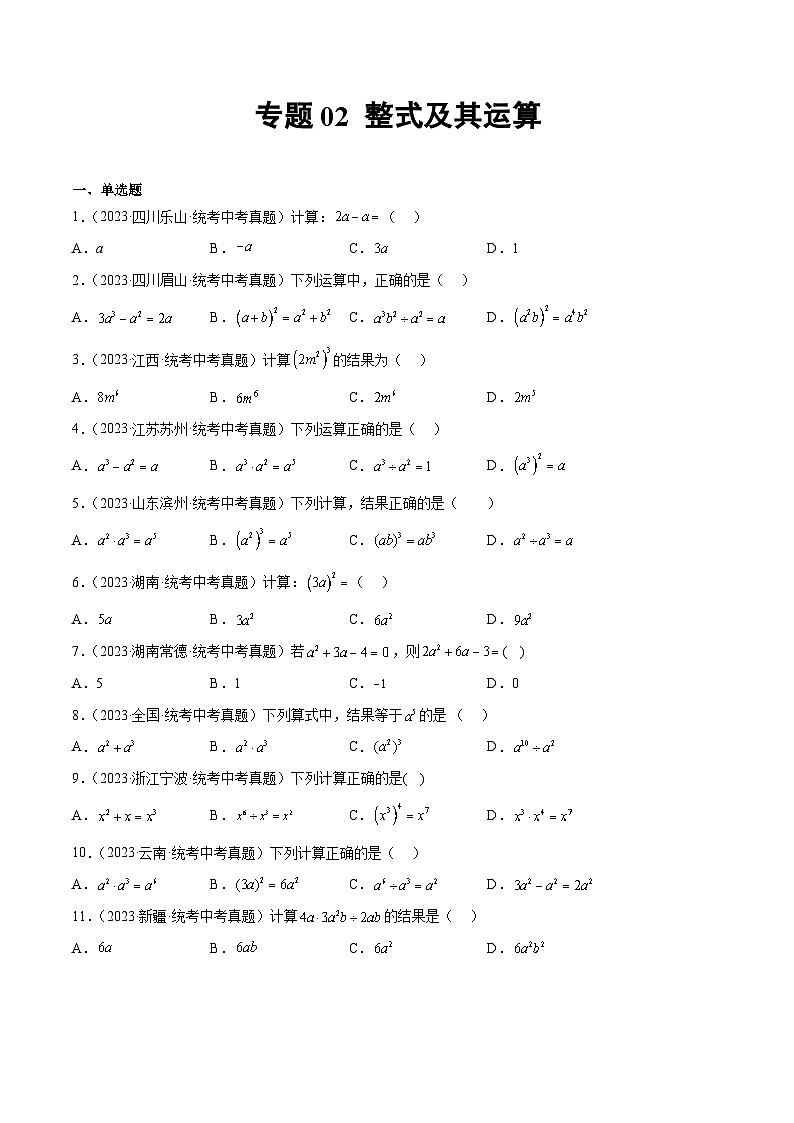 2023年全国中考数学真题分类汇编:专题02 整式及其运算(共50题)(原卷版)第1页