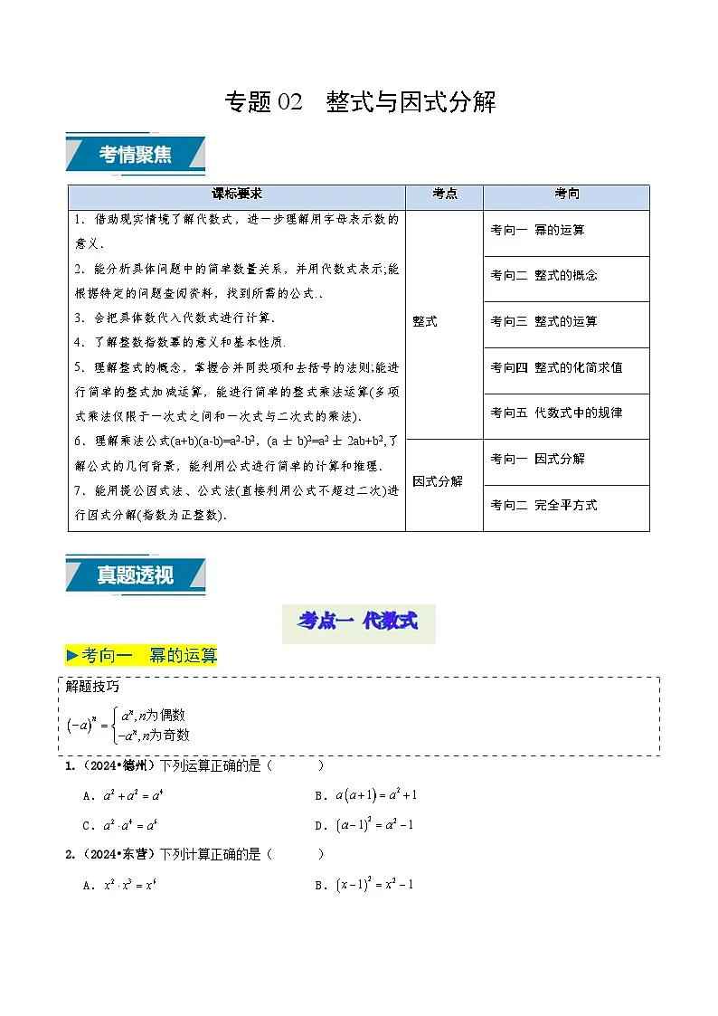 专题02 整式及因式分解(原卷版) 第1页