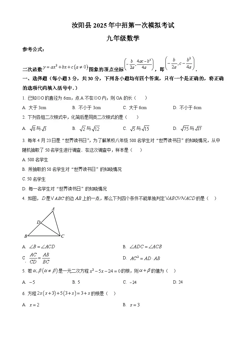 2025年河南省洛阳市汝阳县中考一模数学试题(原卷版+解析版)第1页