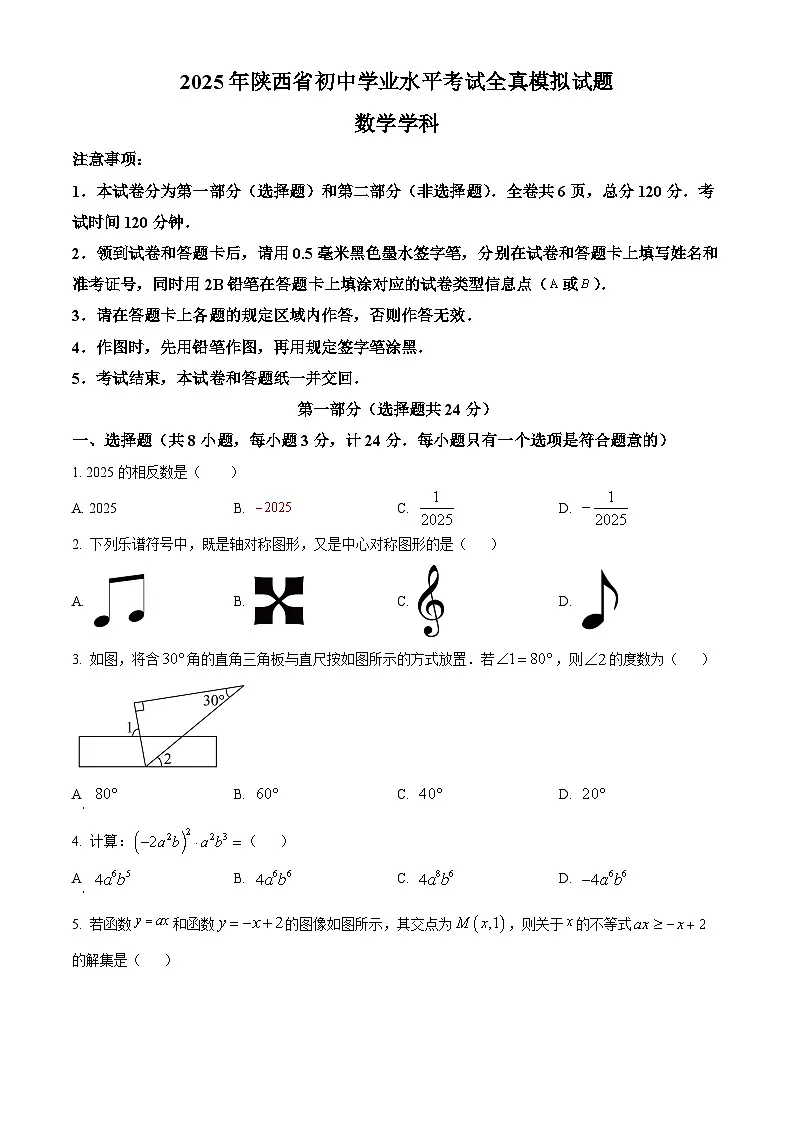 2025年陕西省咸阳市永寿县上邑中学九年级中考一模数学试题(原卷版+解析版)第1页
