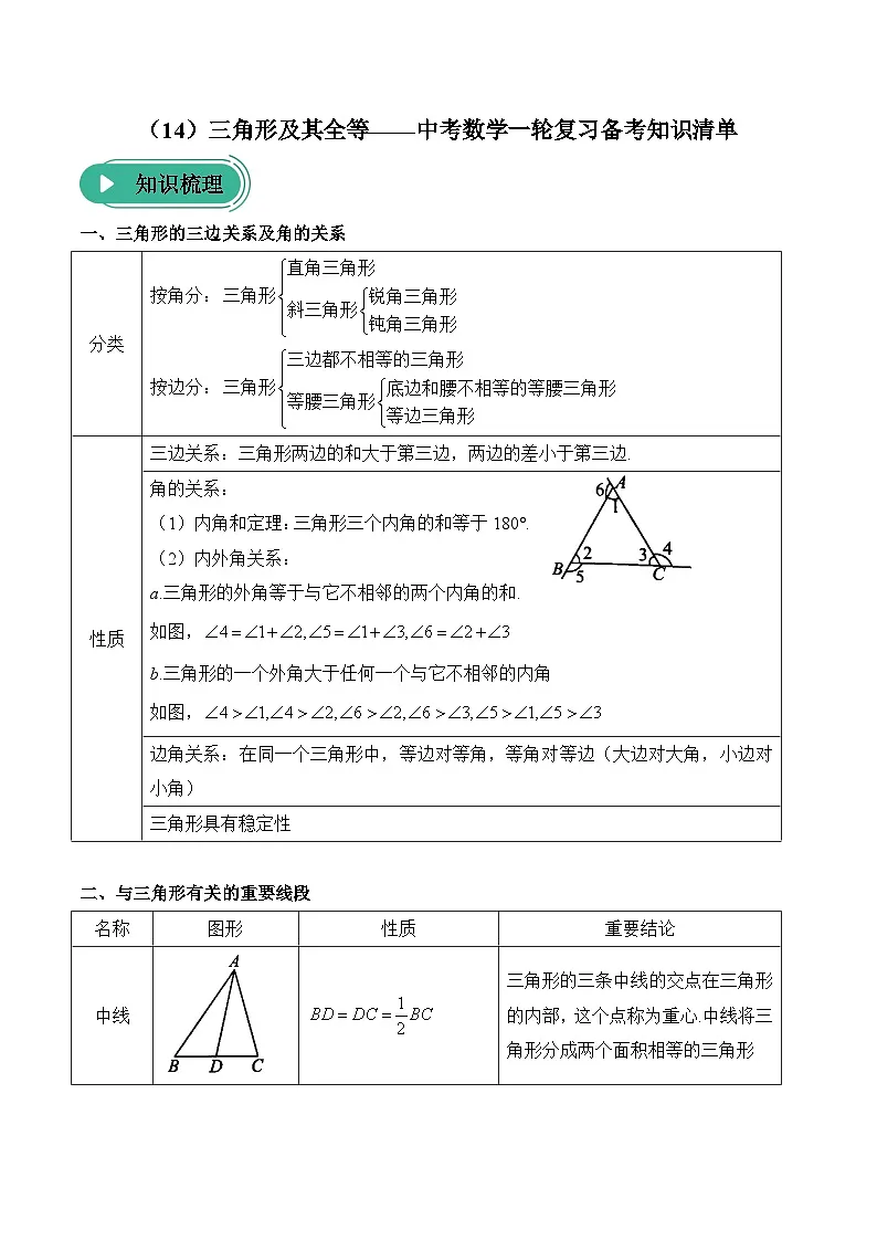 中考数学一轮复习备考知识清单14 三角形及其全等第1页