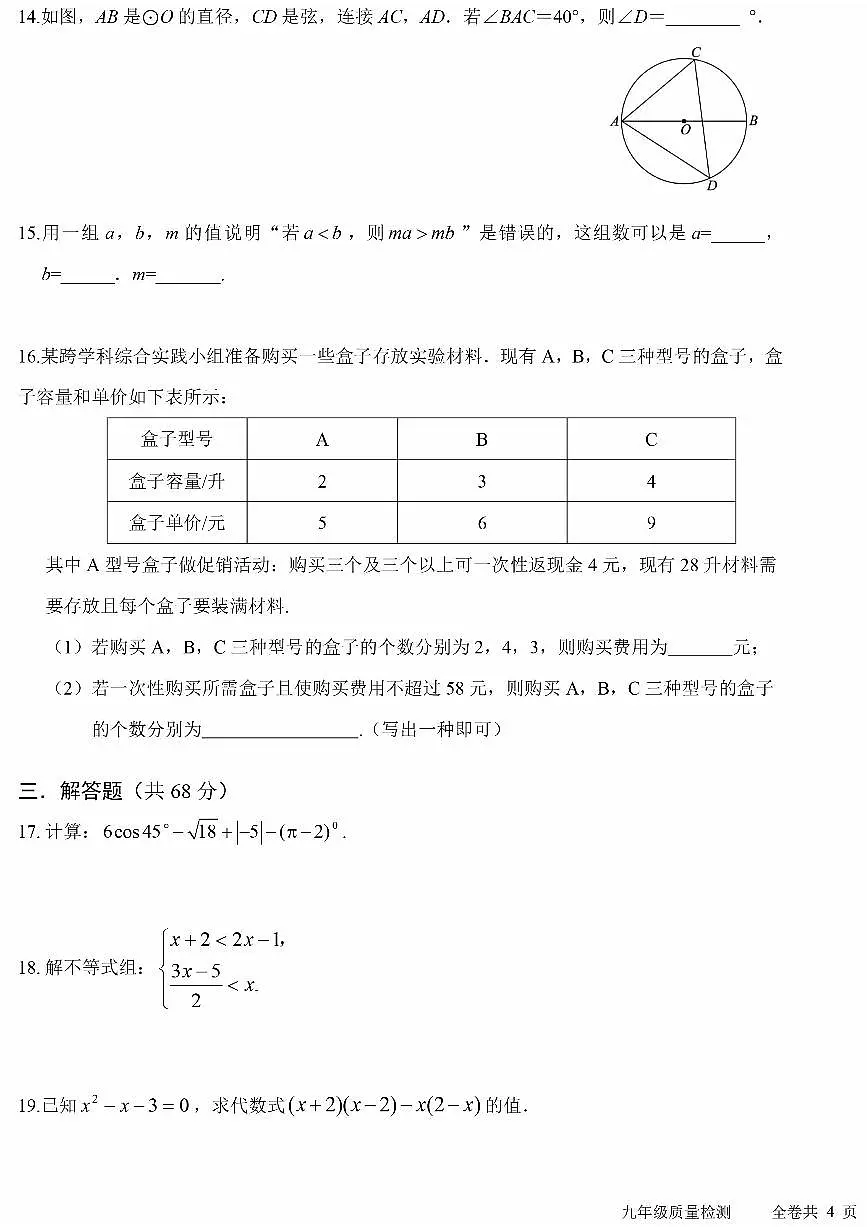 2025北京人大附朝阳学校初三下学期3月月考数学试卷第3页