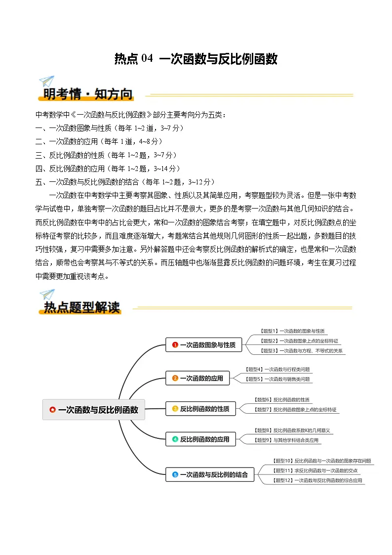热点04 一次函数与反比例函数(12大题型+高分技法+限时提升练)(原卷版)第1页