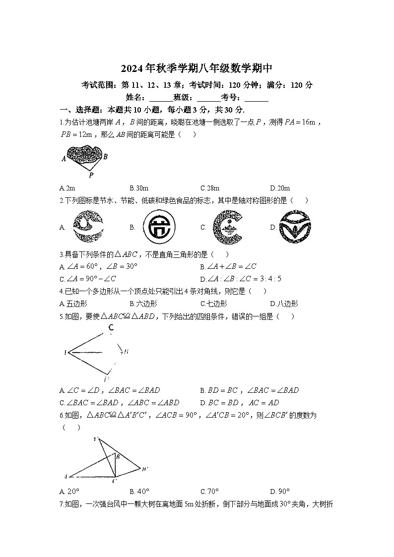 湖南省长沙市宁乡市六校2024-2025学年八年级上学期11月期中联考数学试卷(含答案)第1页