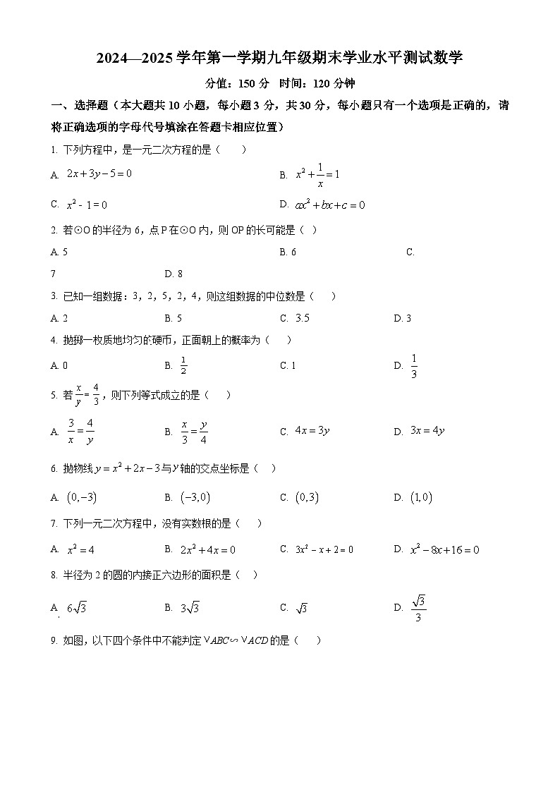江苏省宿迁市泗阳县 2024-2025学年九年级上学期期末考试数学试卷(原卷版+解析版)第1页