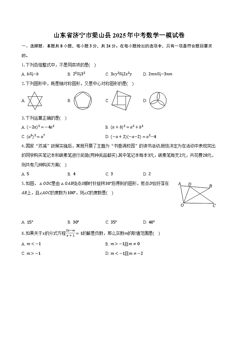 山东省济宁市梁山县2025年中考数学一模试卷(含解析)第1页