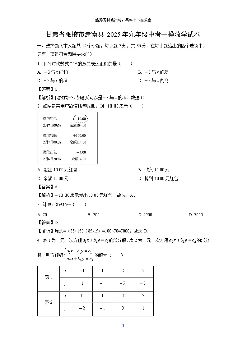 甘肃省张掖市肃南县2025年九年级中考一模数学试卷(解析版)第1页