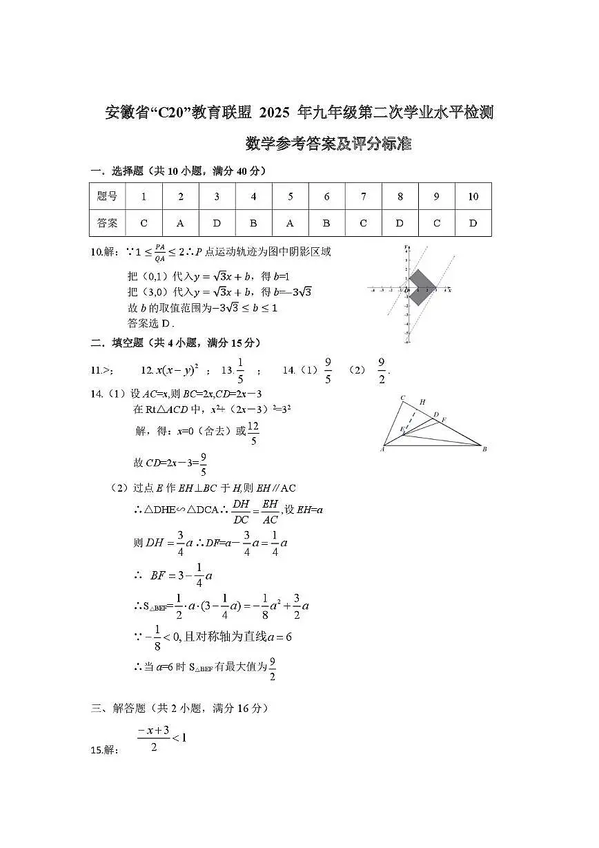 2025年安徽省C20教育联盟九年级第二次学业水平(二模)检测数学试题答案第1页