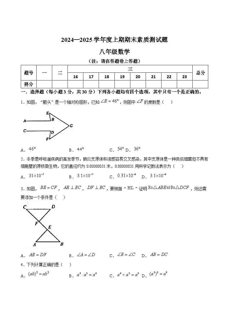 河南省驻马店市汝南县2024-2025学年八年级上学期1月期末考试数学试卷(含答案)第1页