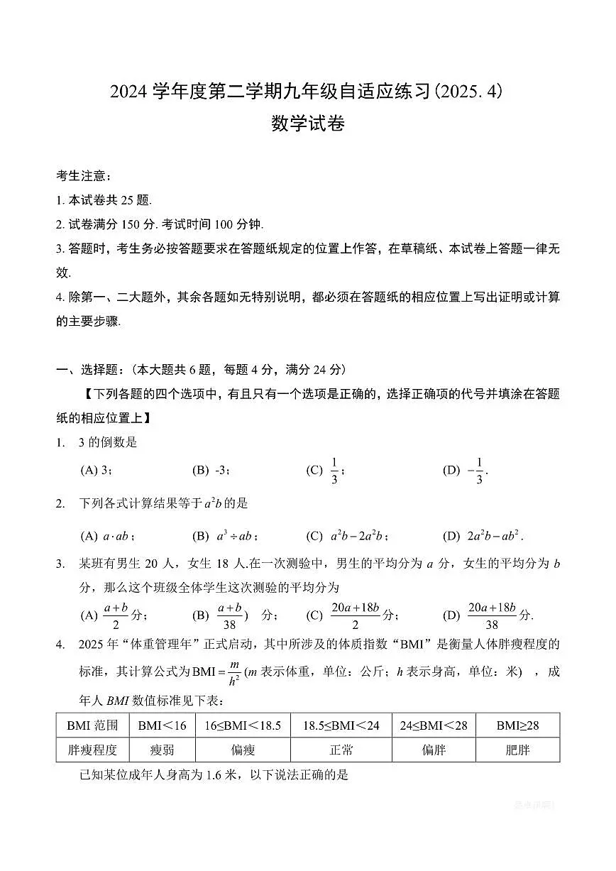 【2025届上海初三数学二模】2025届上海市普陀区初三数学二模试卷第1页