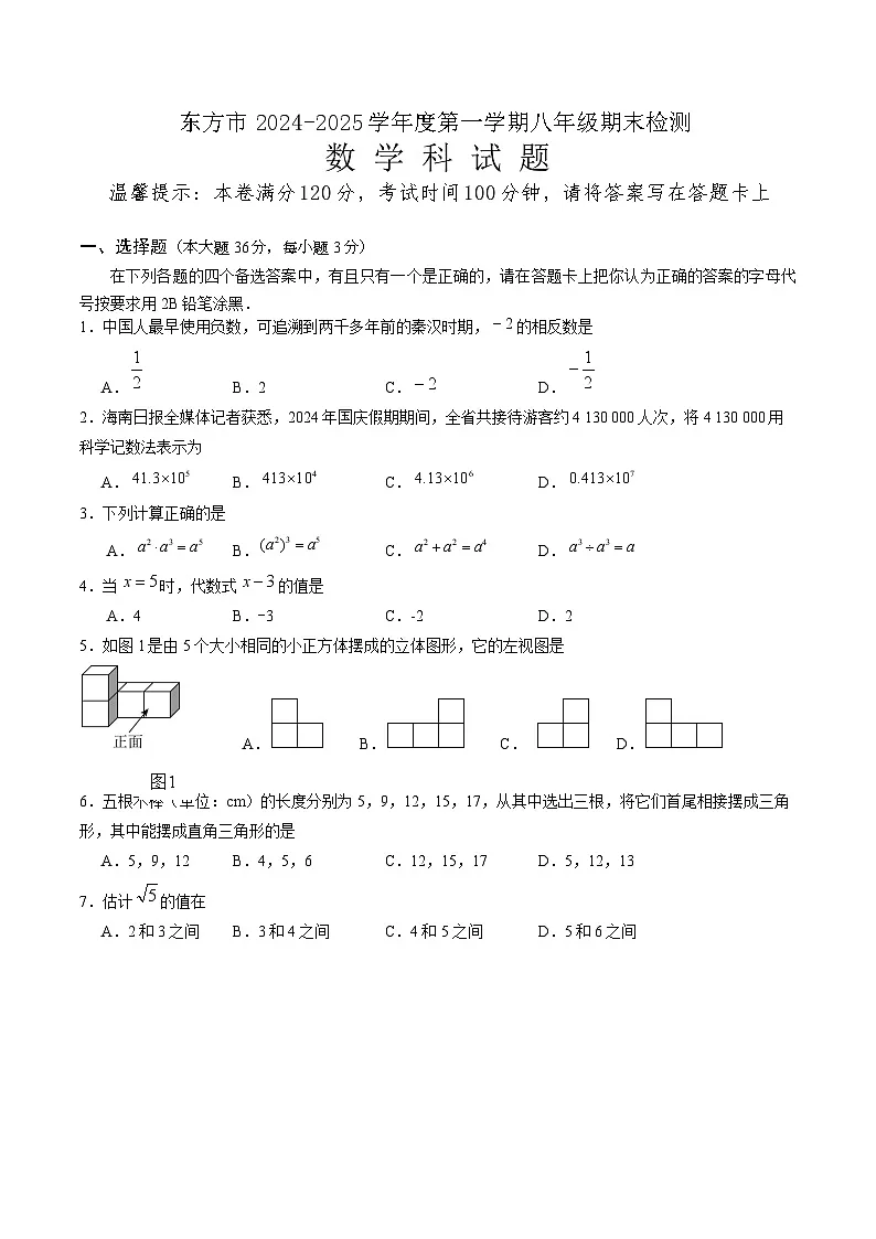 海南省东方市2024-2025学年八年级上学期期末考试数学试卷(含答案)第1页