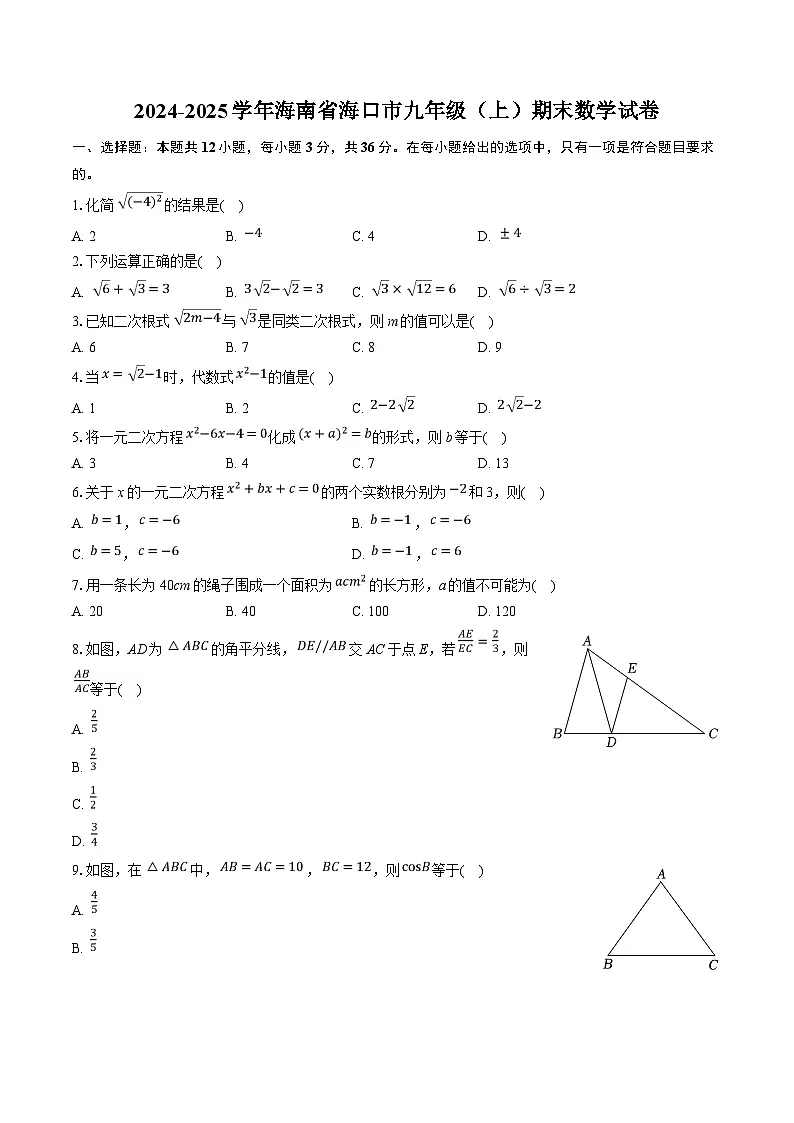 海南省海口市2025届九年级上学期期末考试数学试卷(含解析)第1页