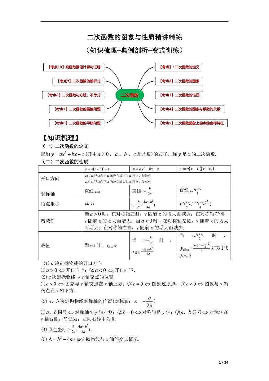 初中中考数学二轮复习专题复习初中数学中考专题复习 二次函数的图象与性质十大考点精讲精练含解析第1页