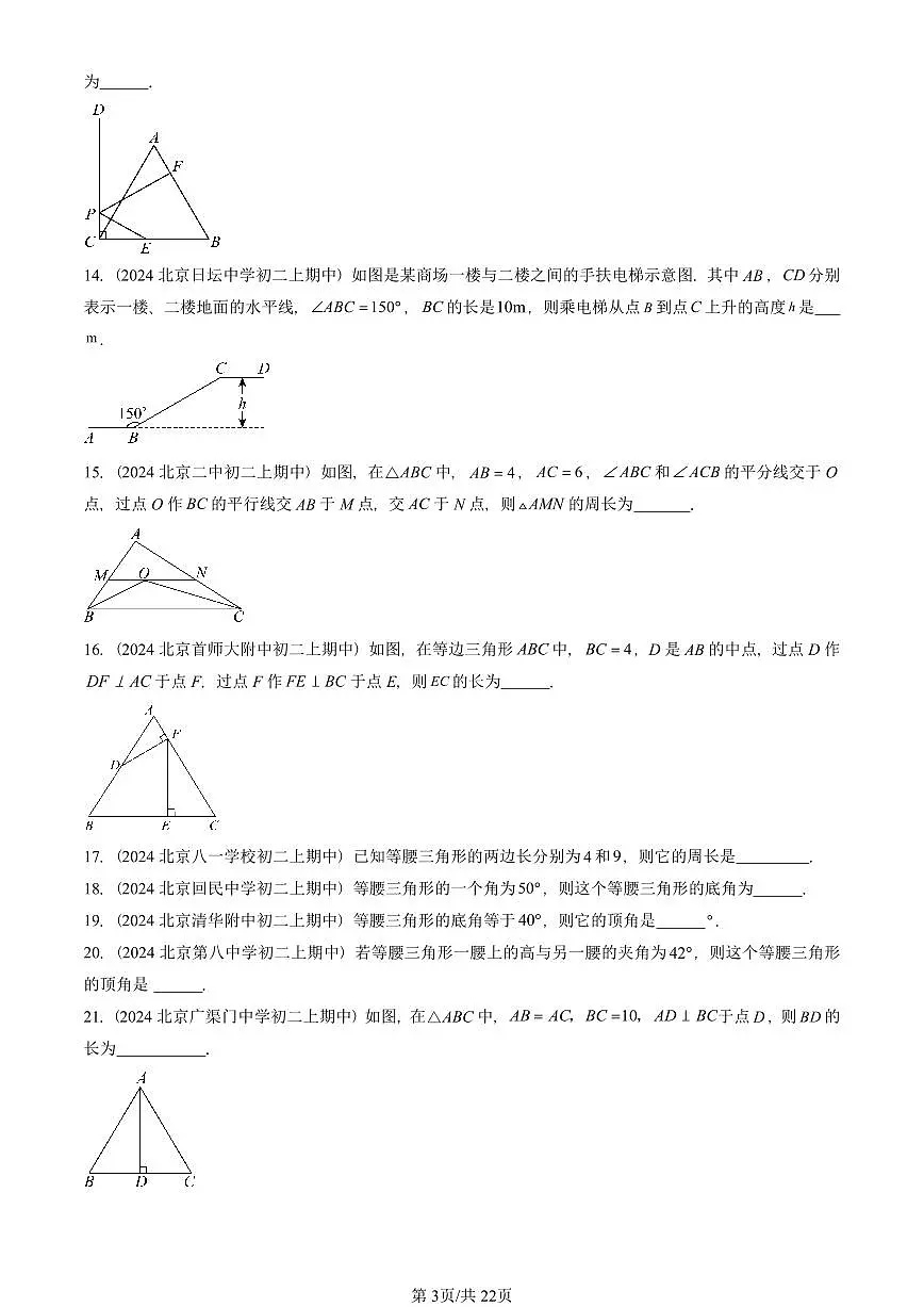 2024北京重点校初二(上)期中真题数学汇编:等腰三角形与直角三角形(京改版)(填空题)2第3页
