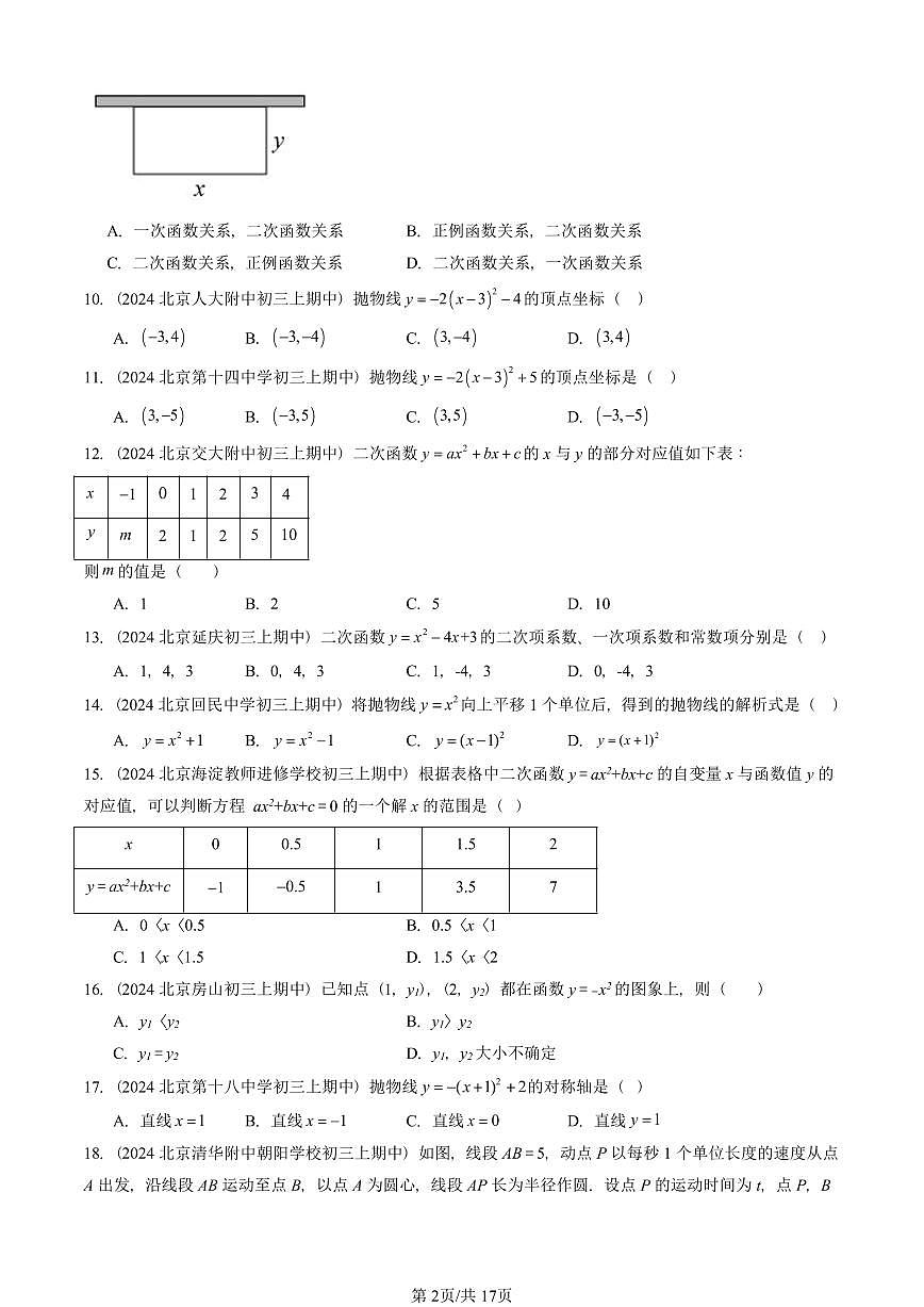 2024北京重点校初三(上)期中真题数学汇编:二次函数(京改版)(单选题)4第2页