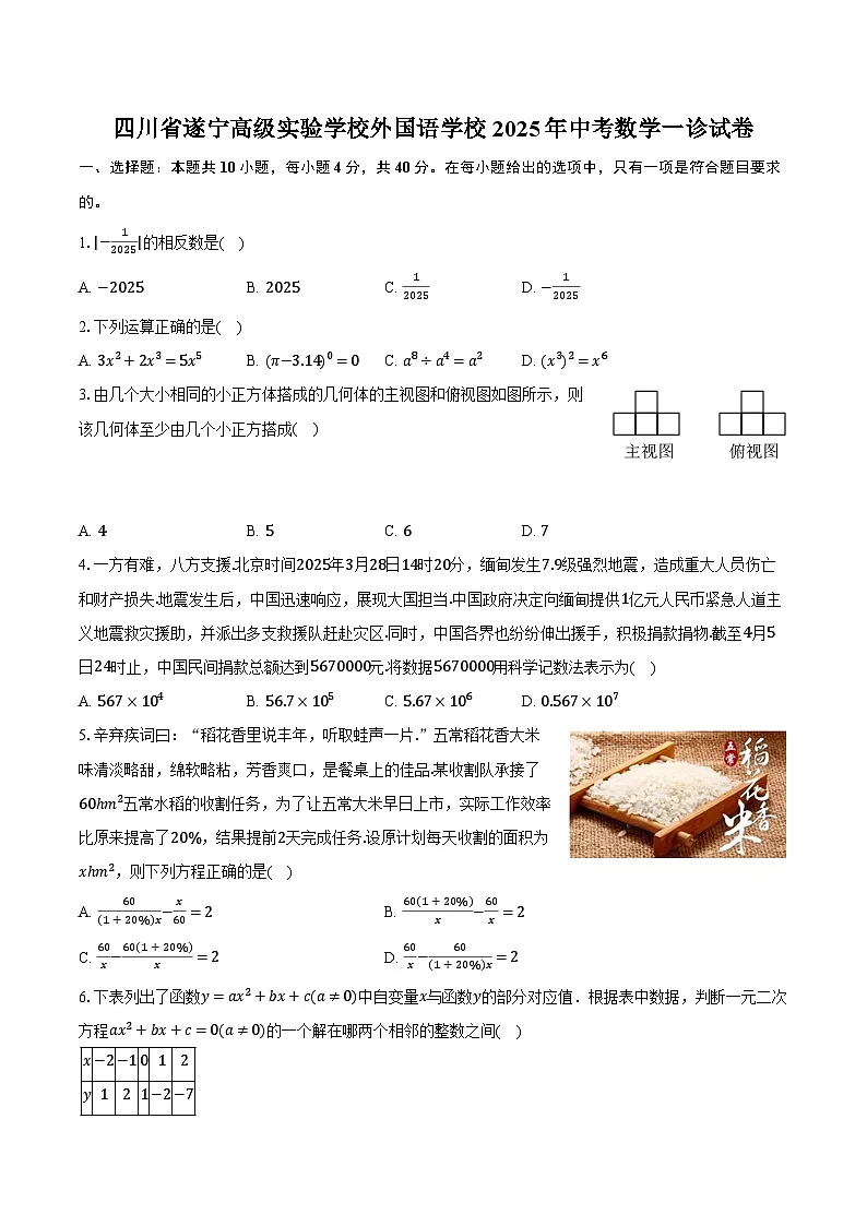 四川省遂宁高级实验学校外国语学校2025年中考数学一诊试卷(含解析)第1页