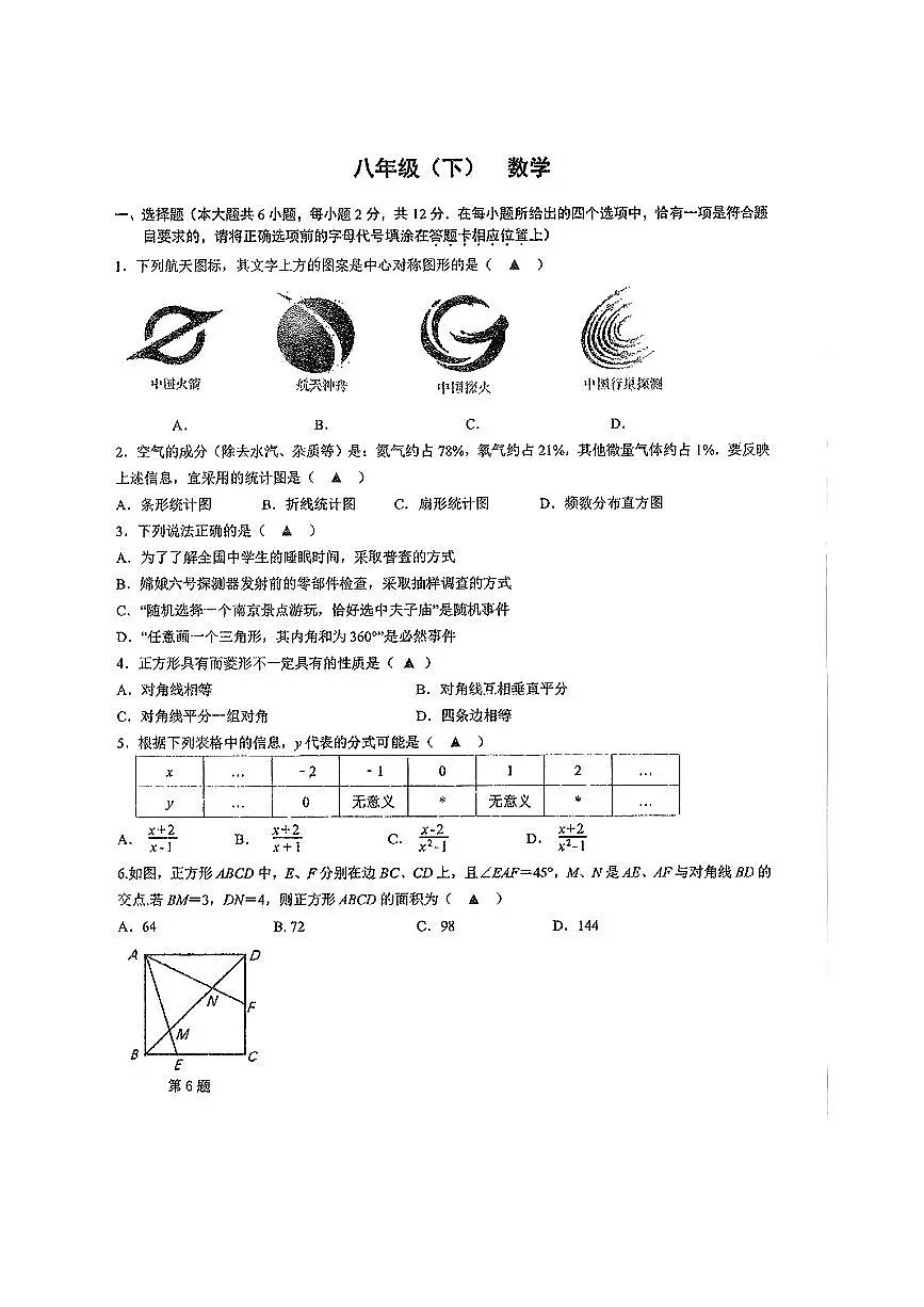 江苏省常州市钟楼区2024-2025学年八年级下数学期中试卷第1页