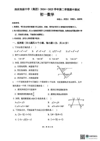 2024~2025学年深圳高级中学七年级下学期期中考试数学试卷+答案