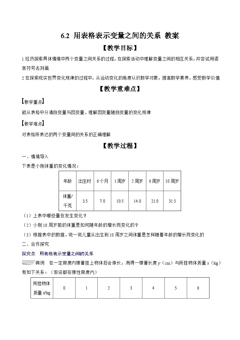 2024-2025学年北师大版数学七年级下册 6.2 用表格表示变量之间的关系 教案1第1页