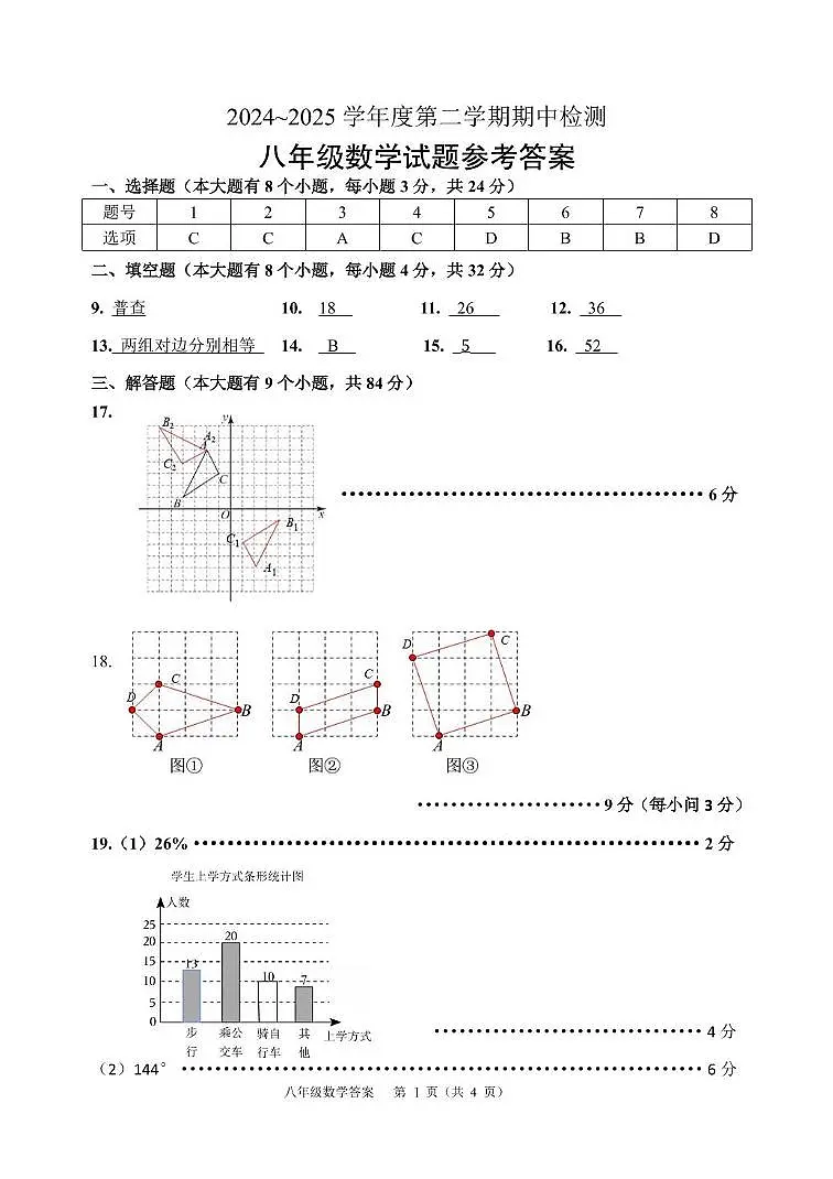 江苏徐州2024~2025学年下学期期中检测八年级数学答案第1页