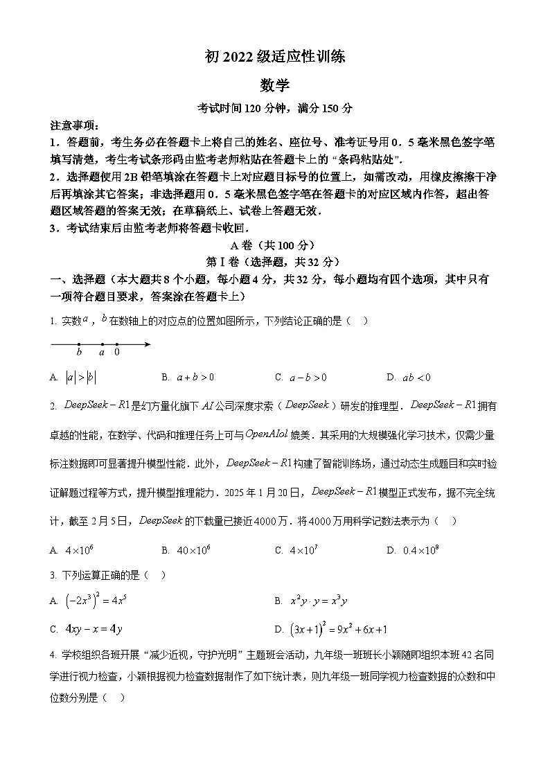 2025年四川省成都市崇州市中考数学一诊试题(原卷版+解析版)第1页