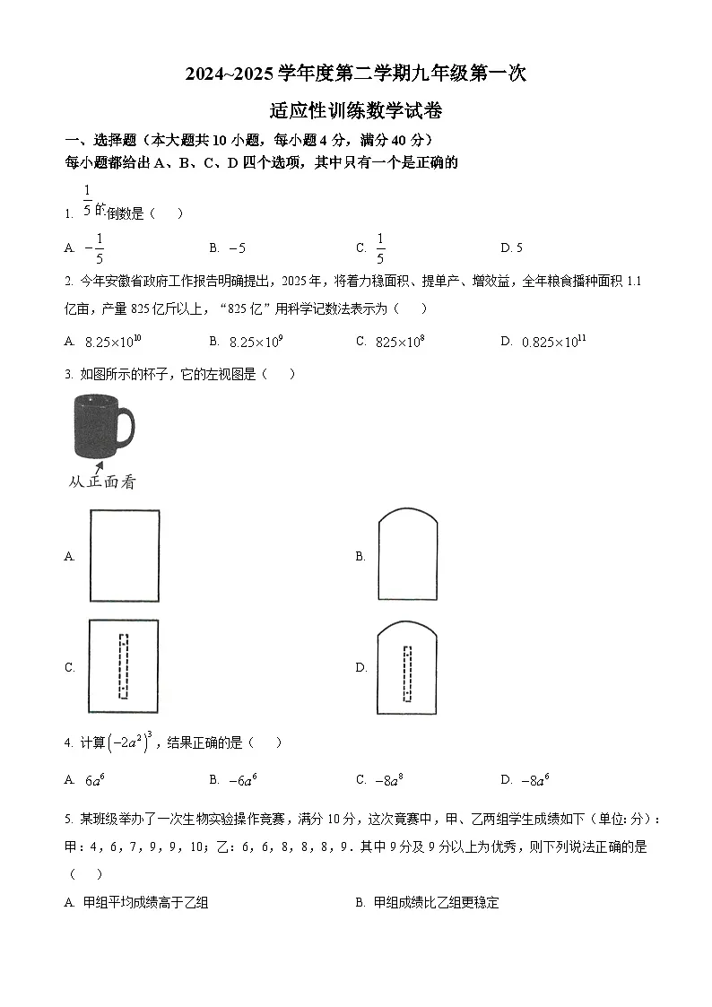 安徽省六安市轻工中学2024-2025学年九年级下学期3月月考数学试题(原卷版+解析版)第1页