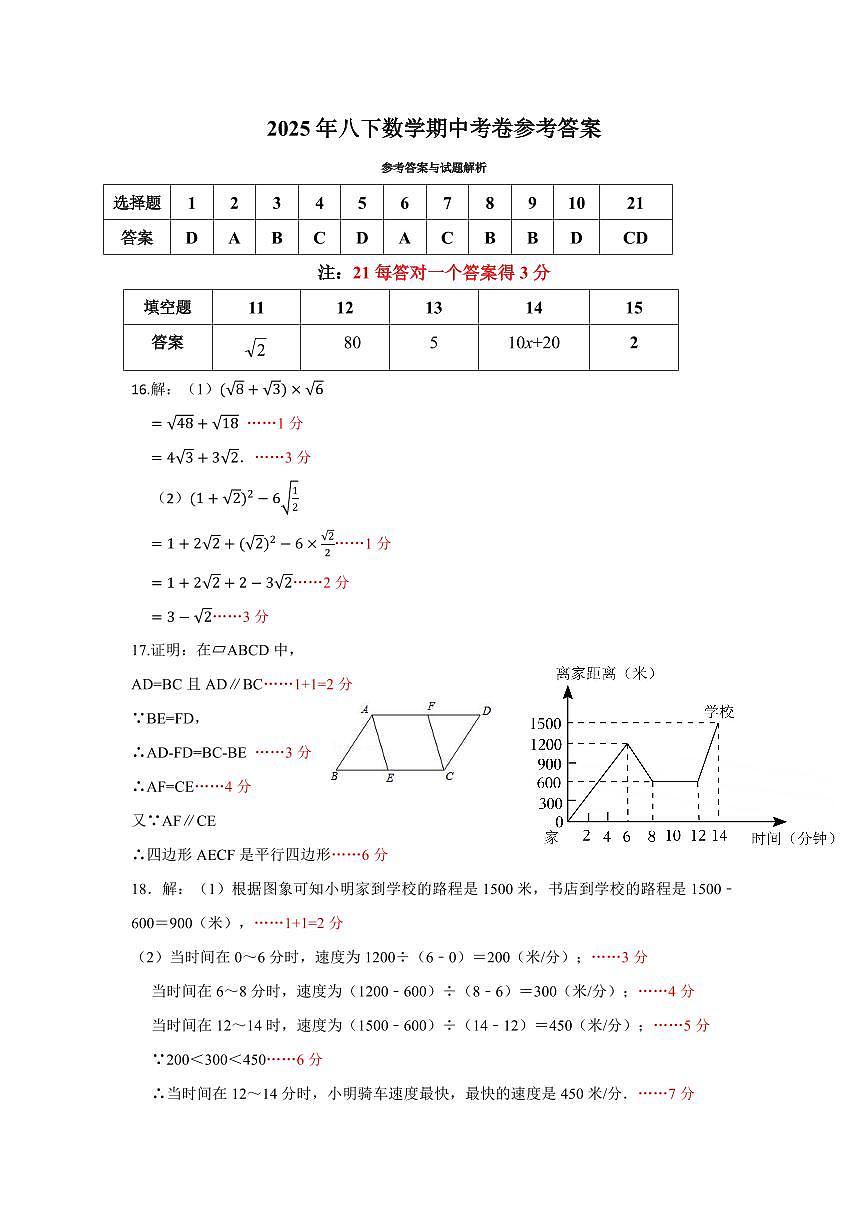 八下数学期中考试题参考答案(附评分标准)第1页