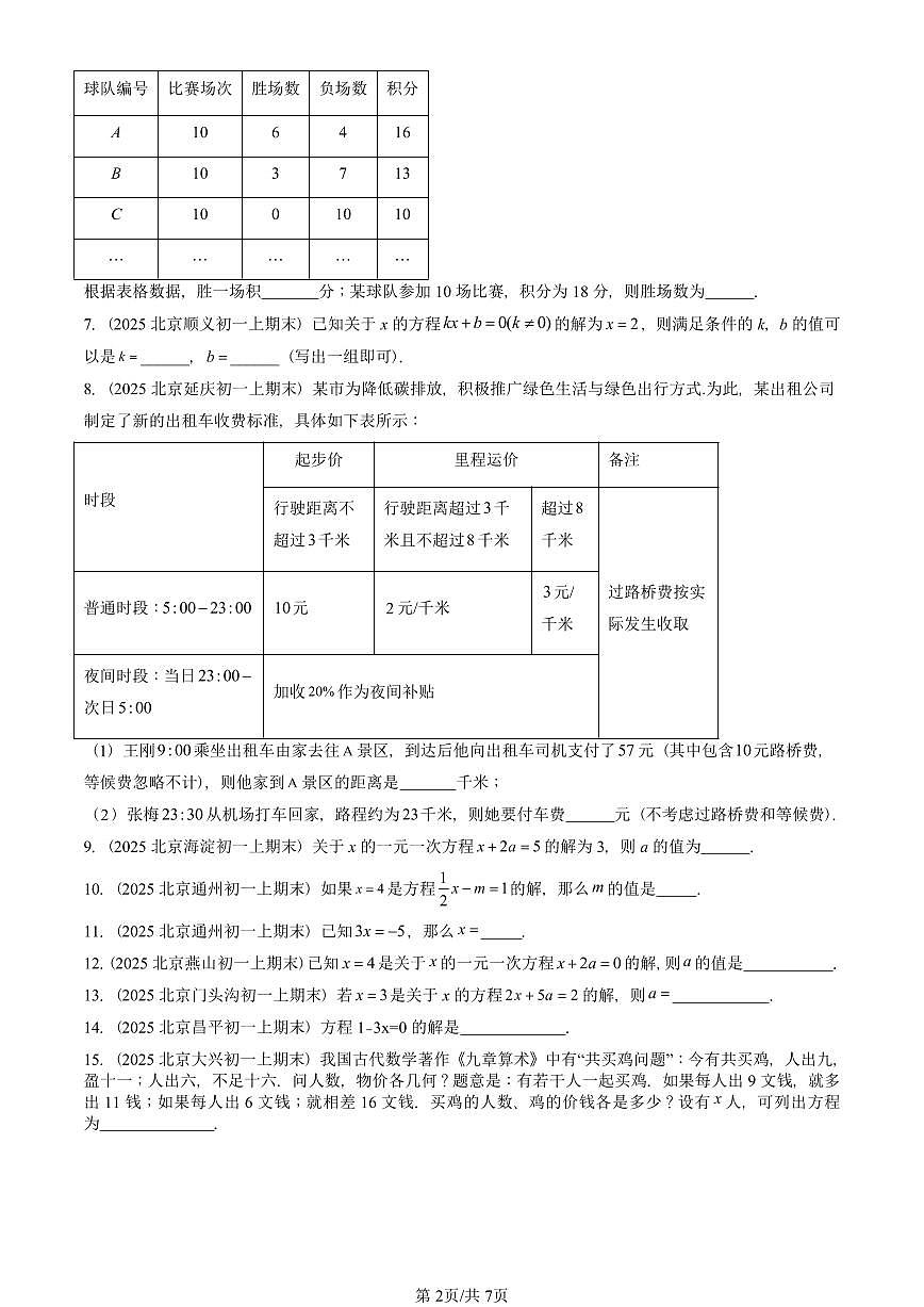 2025北京重点校初一(上)期末真题数学汇编:一元一次方程章节综合(填空题)第2页