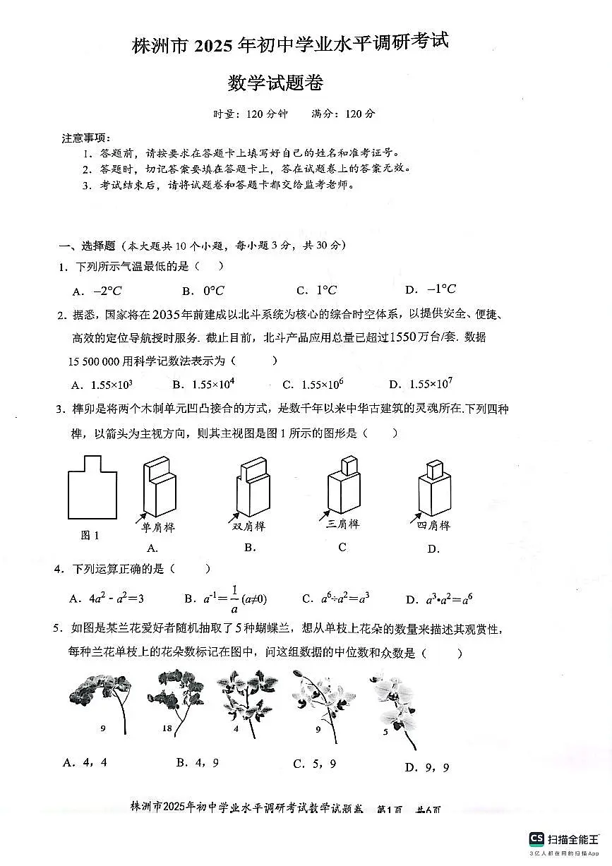 2025株洲市初中学业水平模拟考试数学试卷第1页