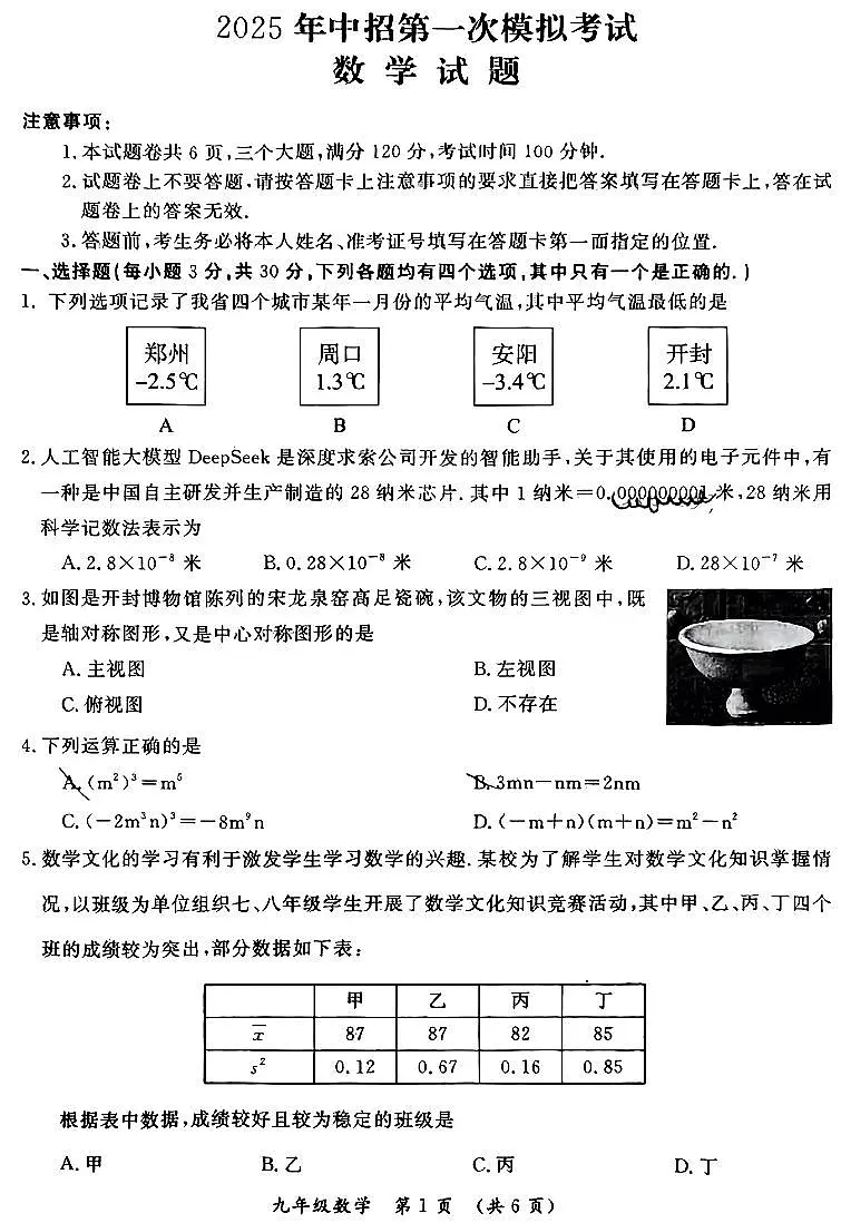 2025年河南省开封市九年级中招第一次模拟考试数学试题和答案第1页