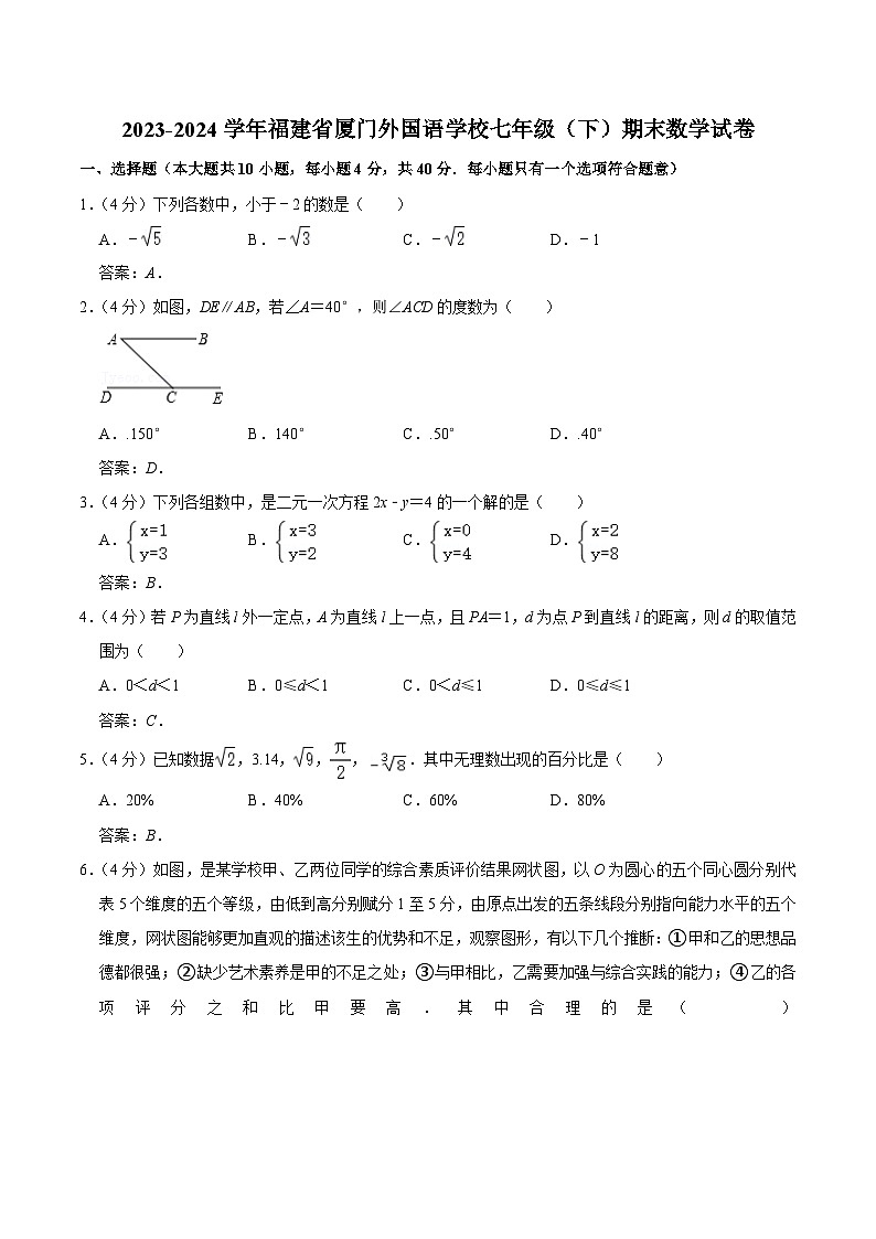 福建省厦门外国语学校2023-2024学年七年级下学期期末考试数学试卷(含答案)第1页
