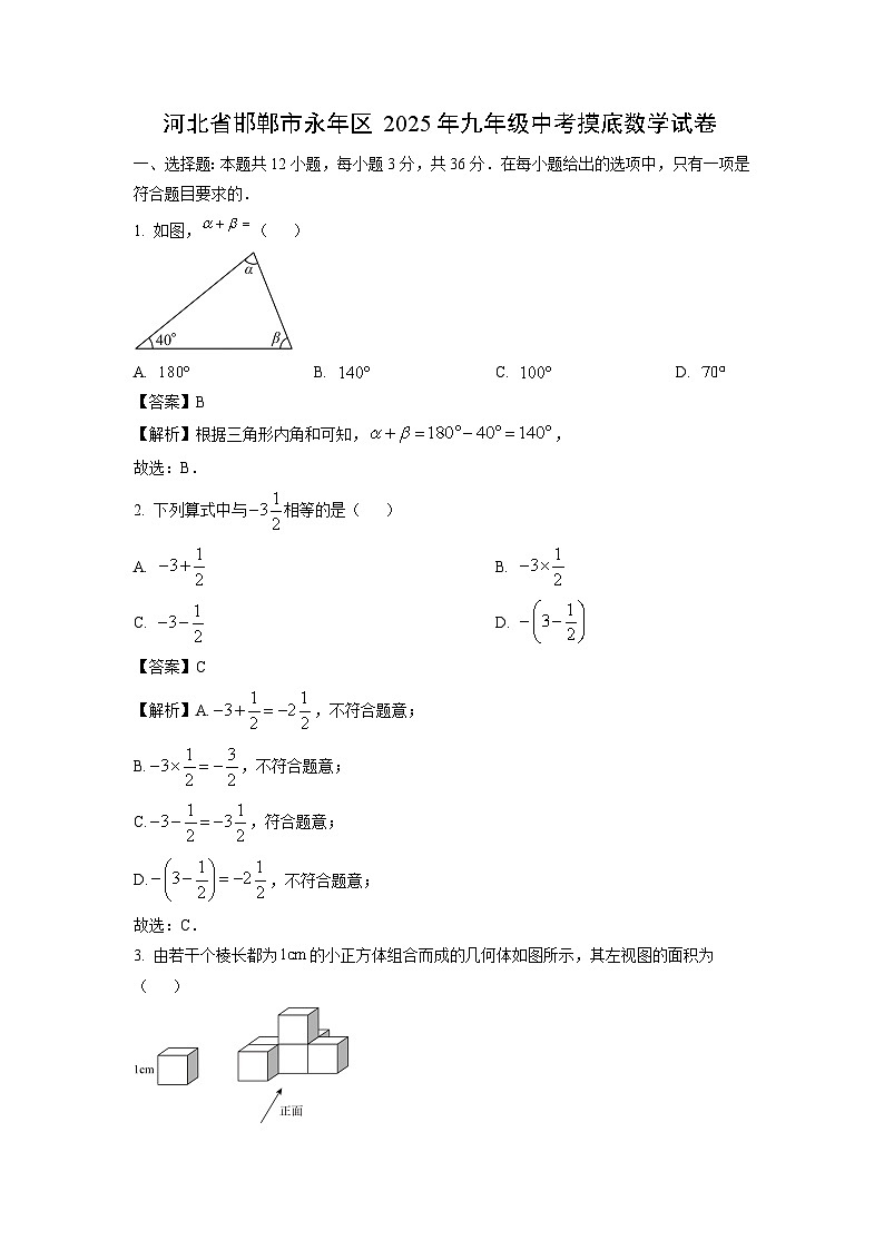 河北省邯鄲市永年區(qū)2025年九年級中考摸底 數(shù)學(xué)試卷(解析版)第1頁