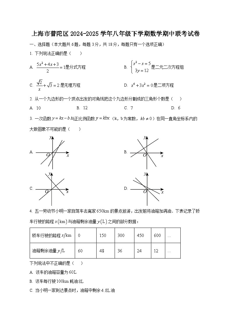 上海市普陀区2024-2025学年八年级下学期数学期中联考卷(附答案)第1页