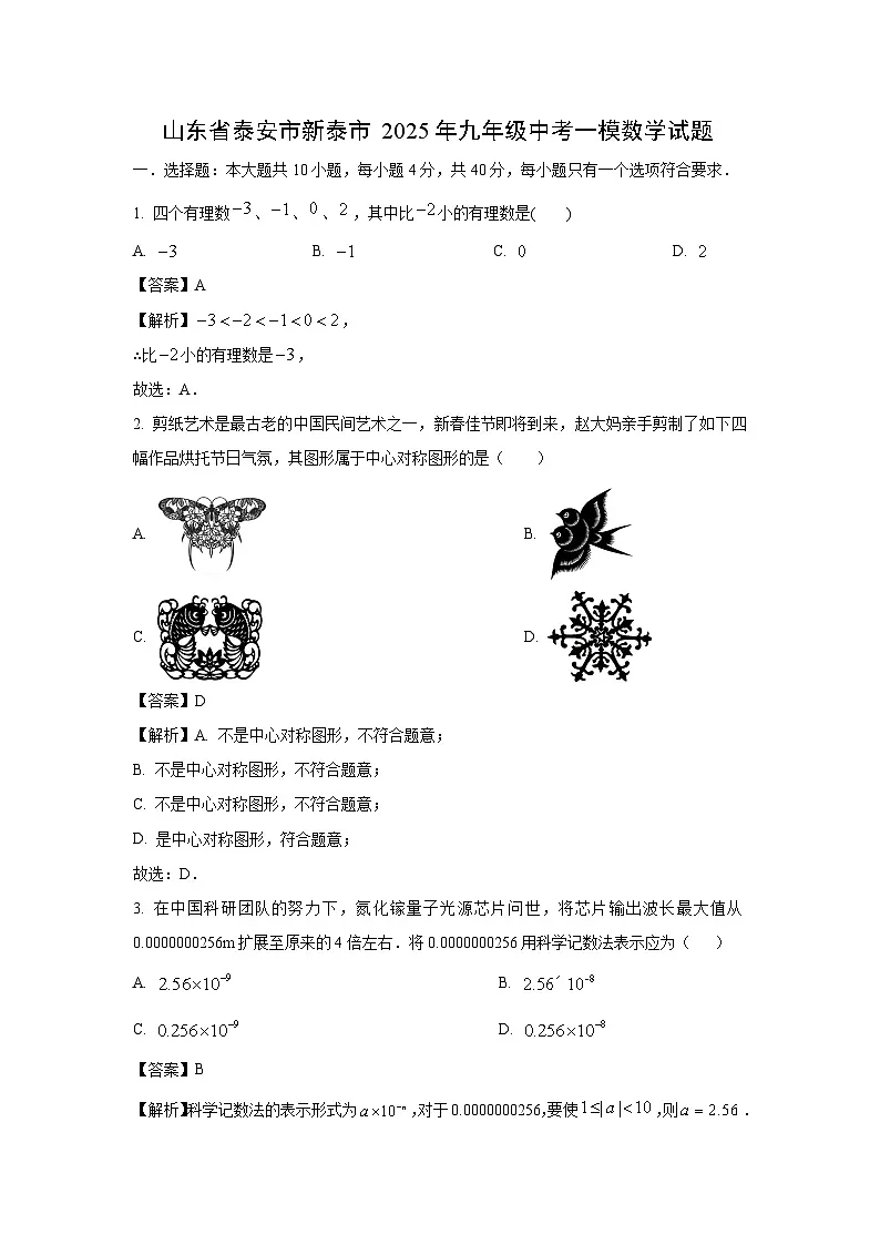 山东省泰安市新泰市2025年九年级中考一模数学试题(解析版)第1页