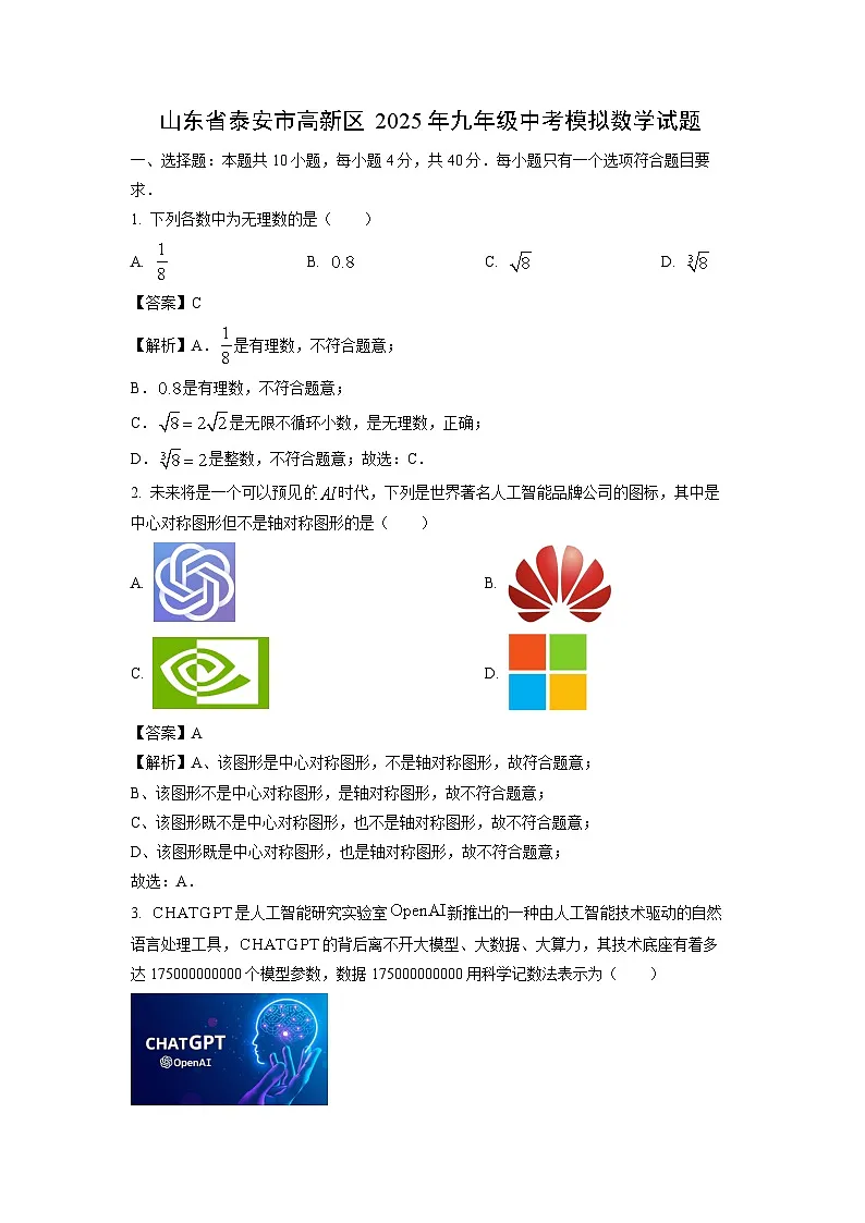 山东省泰安市高新区2025年九年级中考模拟数学试题(解析版)第1页