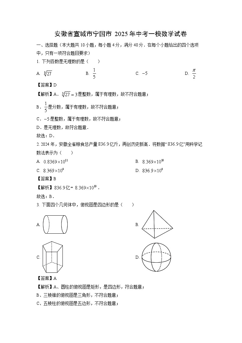 安徽省宣城市宁国市2025年中考一模数学试卷(解析版)第1页