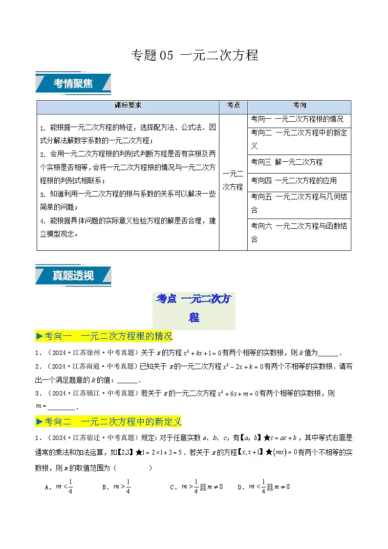 备战2025年中考数学真题汇编特训(江苏专用)专题05一元二次方程(原卷版)第1页